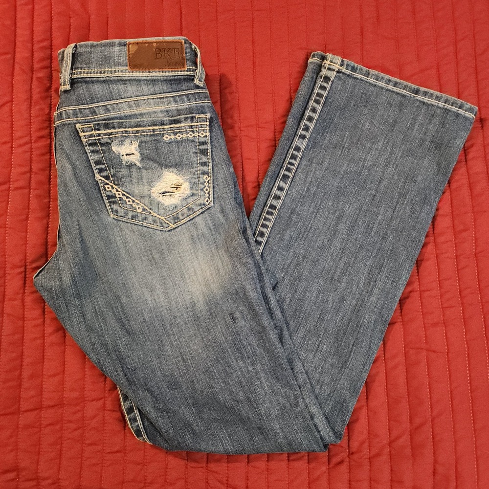 BKE Harper Low Rise Bootcut Jeans Distressed Blue Denim Womens 25R 25x31.5